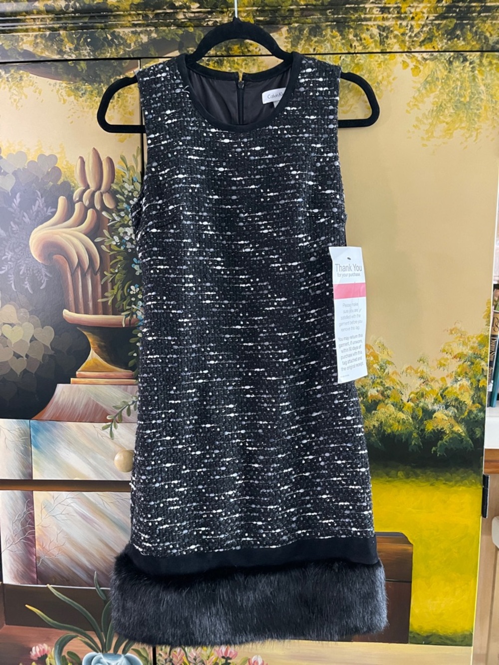 Calvin Klein Black & White Tweed Mini Dress with Faux Fur Hem